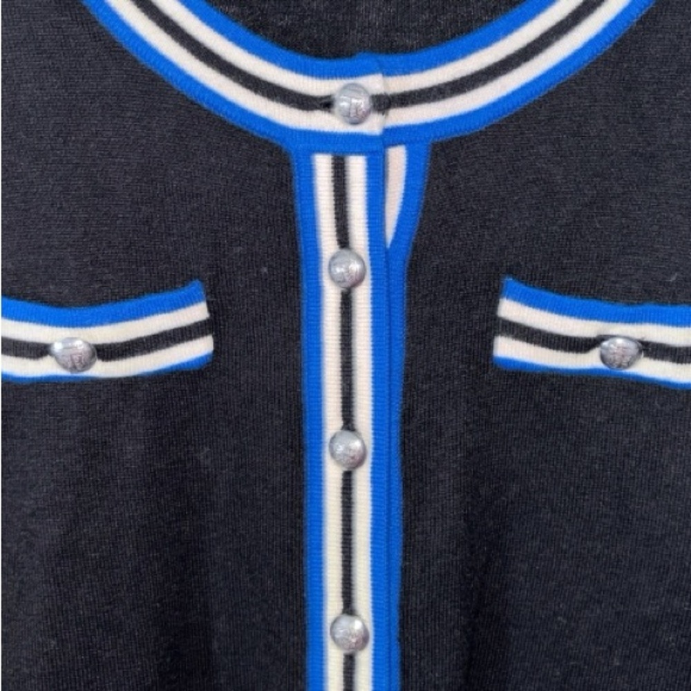 Talbots Black Cardigan with Blue/White Stripes, P2P:19”, L:26.5” - Picture 5 of 10